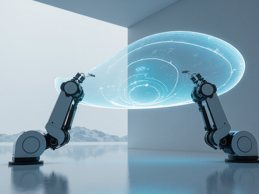 智能客服机器人界面,显示对话气泡和语音输入图标,浅蓝色背景,现代简约设计风格