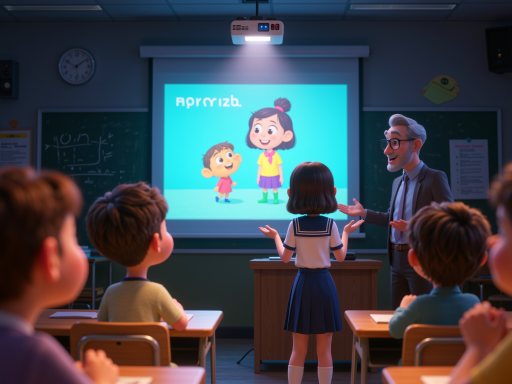 在线教育平台界面,显示教师语音讲解和学生互动区域,温馨教育场景背景