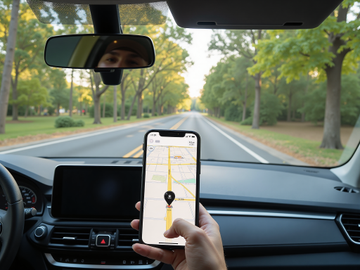 车载导航系统界面,显示路线规划和语音提示,车内驾驶场景背景