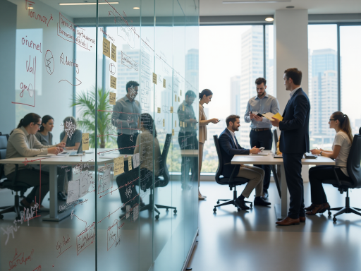 现代化办公室场景,团队成员正在讨论项目,玻璃隔断会议室,明亮自然光